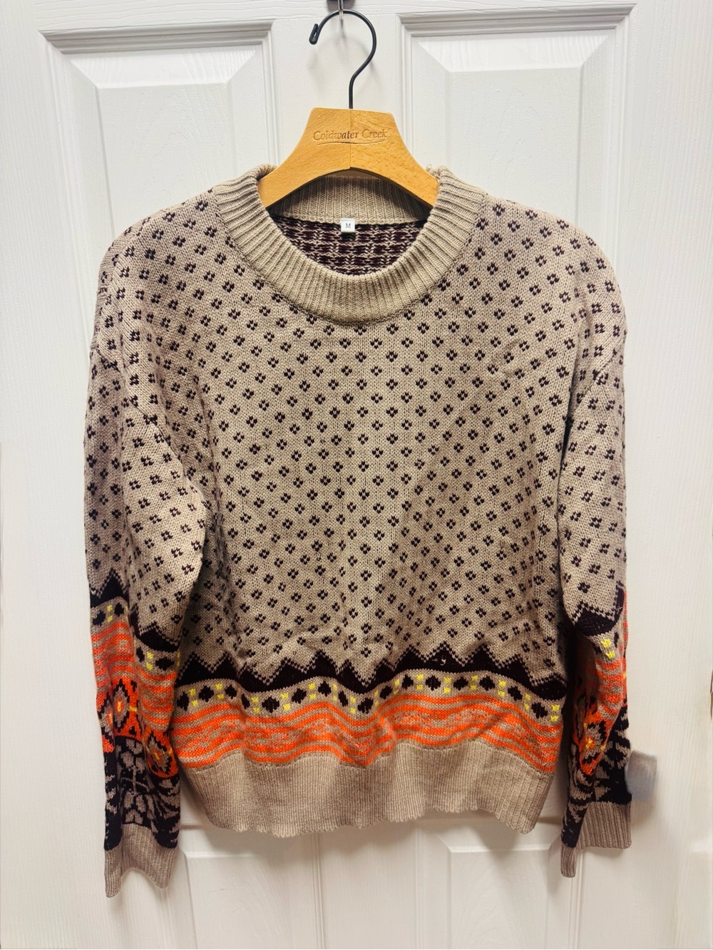 Source Unknown Beige Crewneck Sweater with Orange and Brown Accents